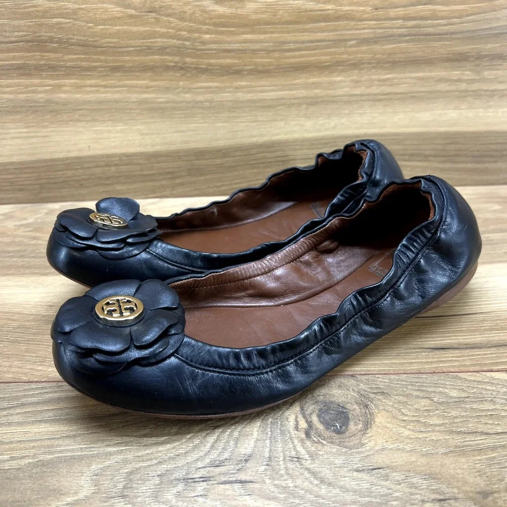 Tory Burch Women Flats 6 M Shelby Black Flower Applique Stretch Ballet